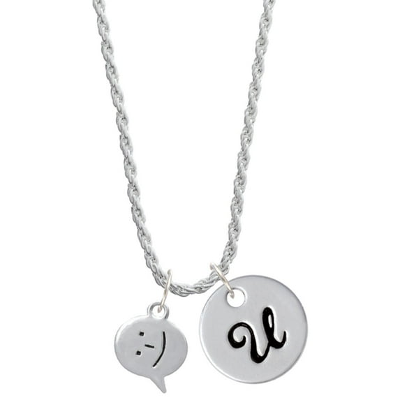 Delight Jewelry Silvertone Emoticon :-) - Smiling - Silvertone Script Initial Disc - U - Charm Necklace, 20"+3"