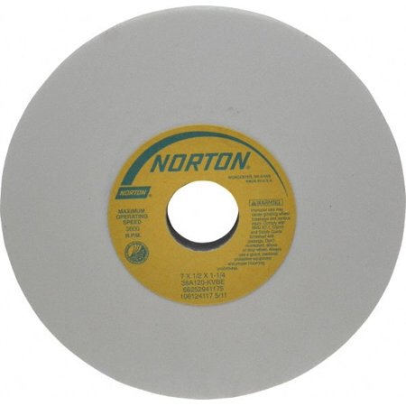 

Norton 7 Diam x 1-1/4 Hole x 1/2 Thick K Hardness 120 Grit Surface Grinding Wheel Aluminum Oxide Type 1 Fine Grade 3 600 Max RPM Vitrified Bond No Recess