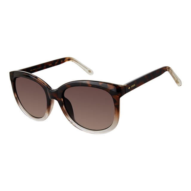 lentes de sol fossil mujer 66353881 outlook marco de plastico color marron con filtro 100% uv — montura oversize de plástico carey marrón degradado, lentes tintados marrón con filtro UV 100%, varillas con logo Fossil dorado; vista 3/4 frontal sobre fondo blanco, también aptos como accesorio de viaje por su tamaño compacto.