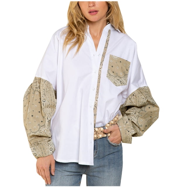 Chemisier Décontracté pour Femmes Col Rabattu Boutonné Imprimé Patchwork Manches Longues avec Poche Blouses Automne