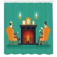 thumbnail image 3 of Fireplace Shower Curtain, Cartoon of Classic Look Log Fire Design and Gentlemen Drink Tea, Fabric Bathroom Set with Hooks, 69W X 84L Inches Extra Long, Dark Seafoam and Multicolor, by Ambesonne, 3 of 3