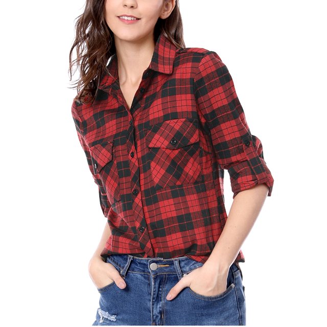 Unique Bargains Chemise Junior à Manches Retroussables à Carreaux avec Poches à Rabat