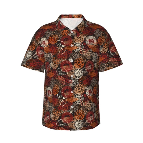 Balery Coffee Stamp Camisas hawaianas de manga corta para hombre, camisas playeras de corte holgado, camisas de vacaciones con botones,XX-Large
