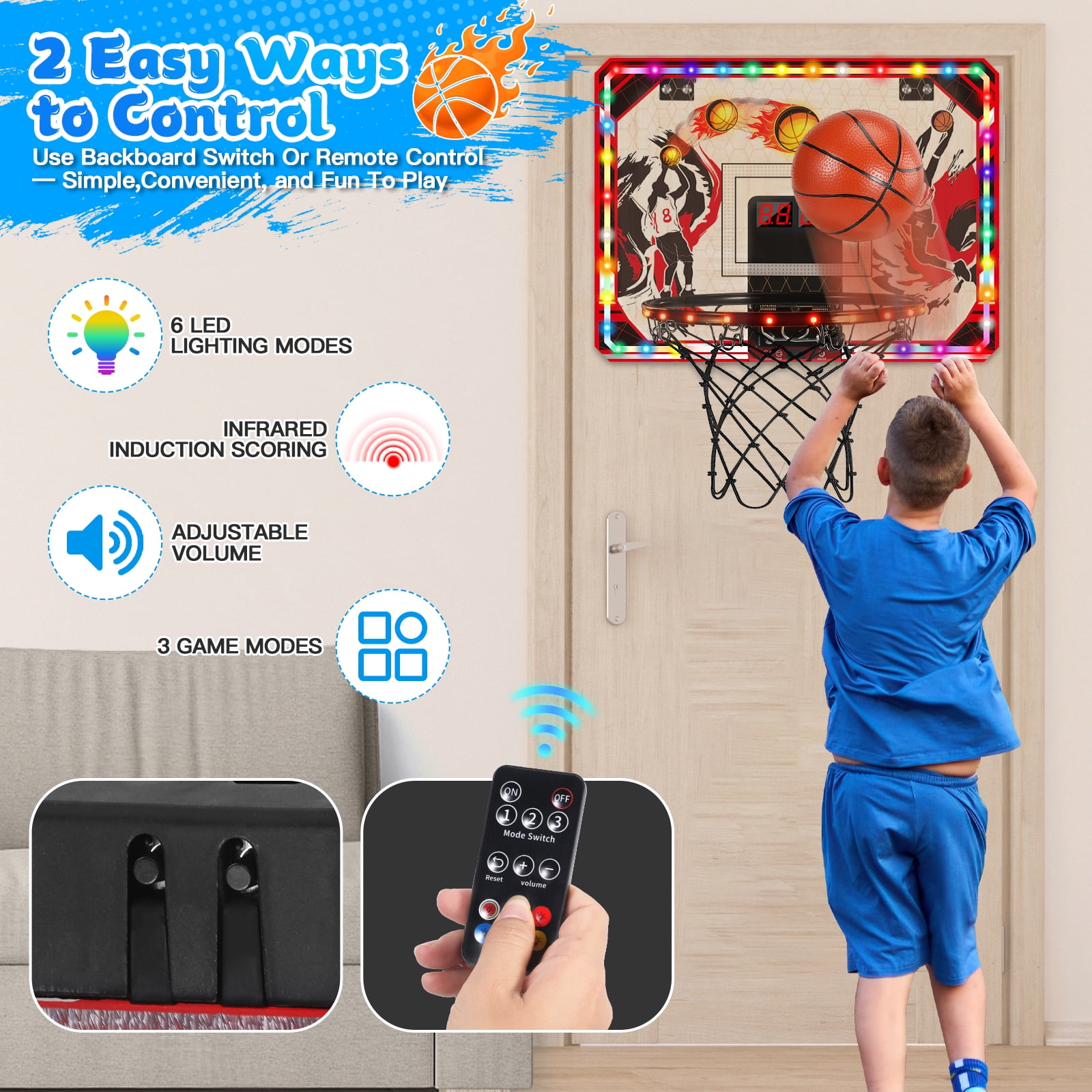 Quiet Flower Toy Basketball Hoop Over Door Indoor with LED Light, Scoreboard, 6 Modes, 3 Balls, 1-Pack