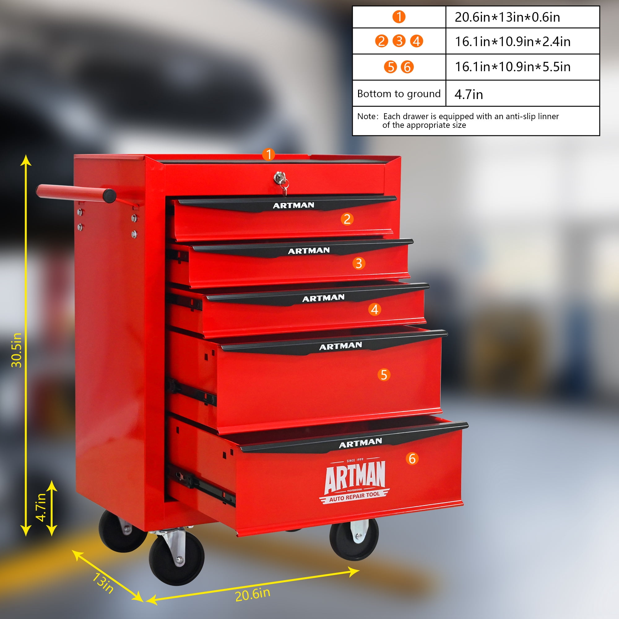 ARTMAN 20" 5-Drawer Rolling Metal Tool Chest ,Heavy Duty Industrial Service Cart Storage Organizer with Locking System for Garage Workshop Warehouse