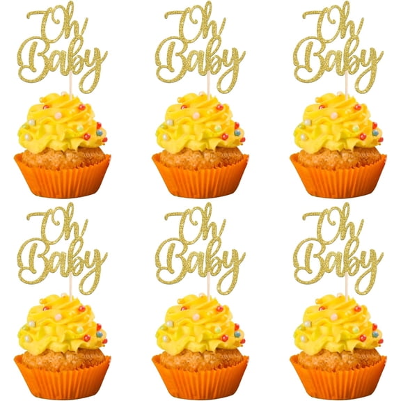 10pcs Gold Glitter Oh Baby Cupcake Toppers Baby Shower Cupcake Picks Decorations for Celebrating Baby Shower Kids Birthday Party Cake Decorations Supplies