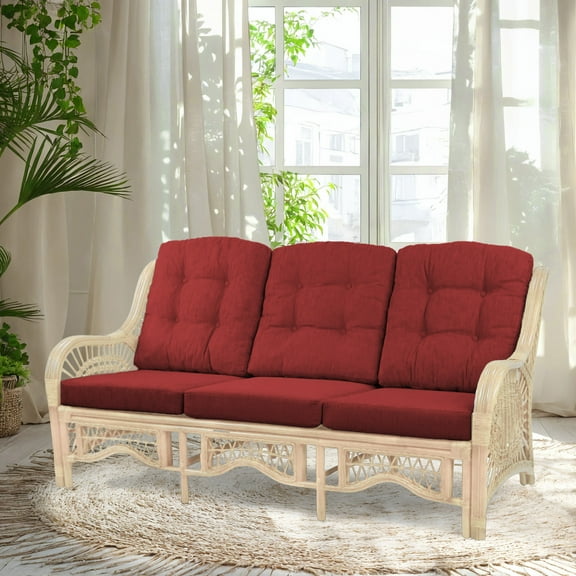 Malibu Lounge Three-Seater Sofa Natural Rattan Wicker Handmade Design with Red Cushions, Natural Color