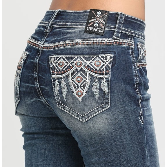 Grace in LA Women's Aztec Embroidery Embellished Bootcut Stretch Jeans (25, Blue Stonewashed)