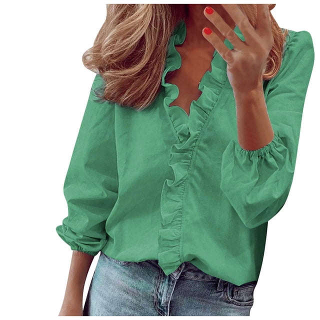 DXOUPM Women's Long Sleeve Shirts V Neck Dressy Ruffle Elegant Blouse Work Shirt Going Out