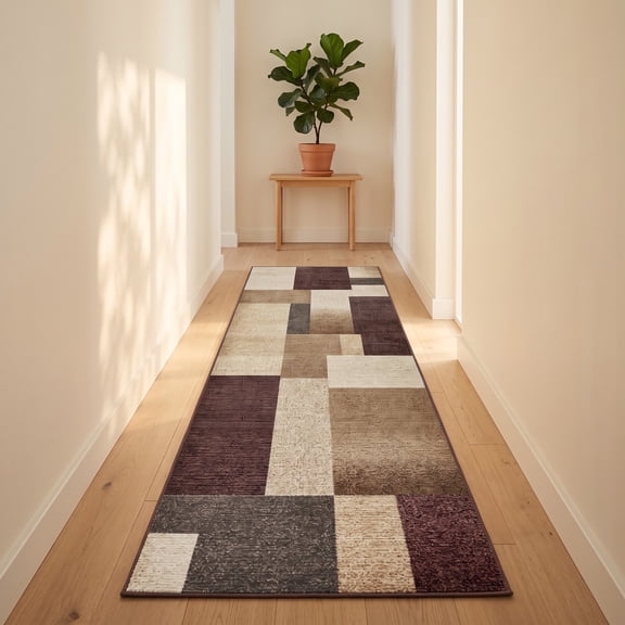 ICEANT 3'x8' Non-Slip Machine Washable Rug with Geometric Patchwork Design, Earth Brown/Black/Beige/Brown