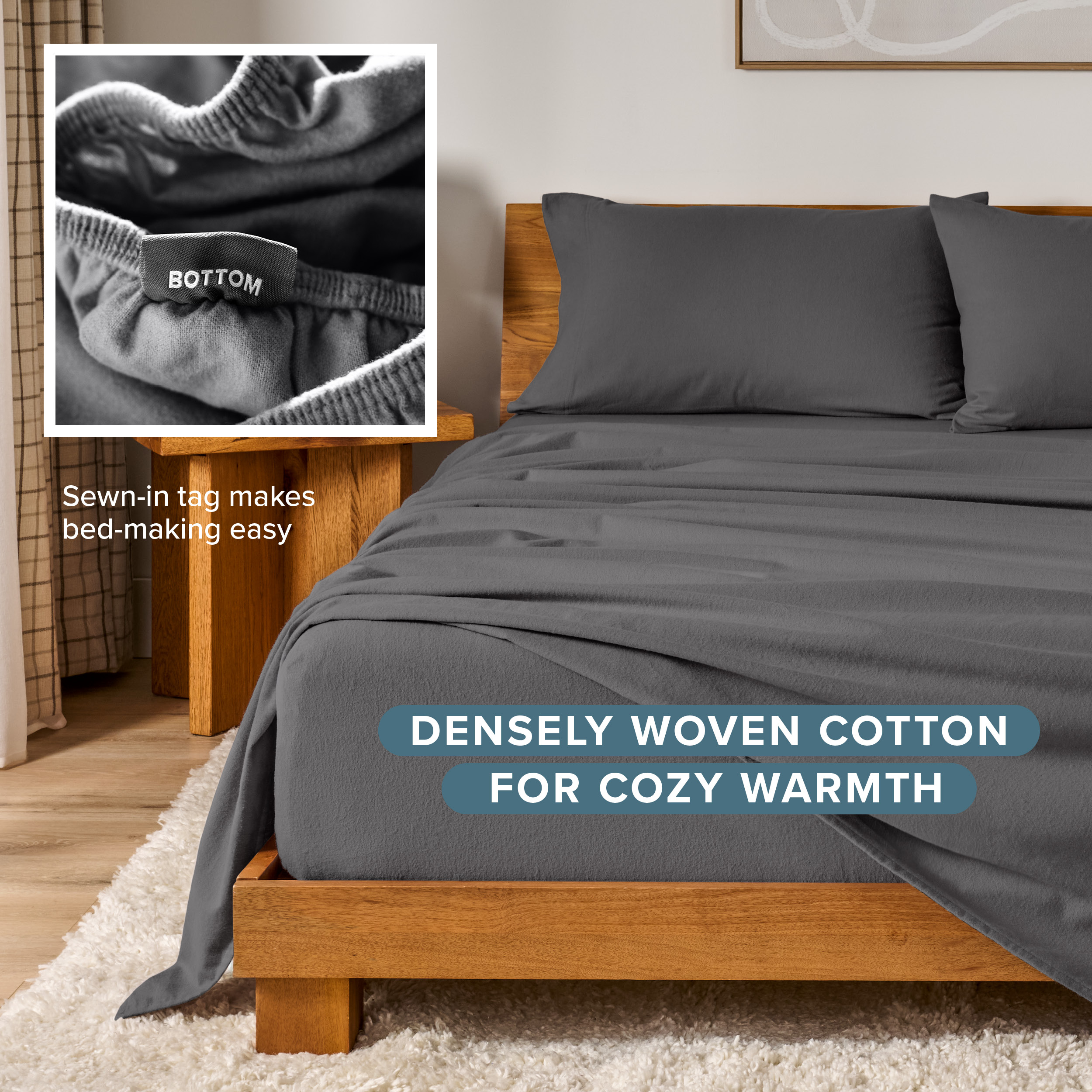 Bare Home Luxury 100% Cotton Flannel Queen Sheet Set, Gray photo 7