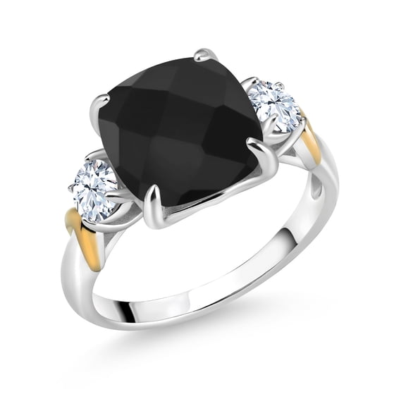 Gem Stone King 925 Silver and 10K Yellow Gold Black Onyx 3 Stone Ring for Women (4.30 Cttw, Gemstone December Birthstone, Cushion Checkerboard 10MM, Round 4MM, Size 7)