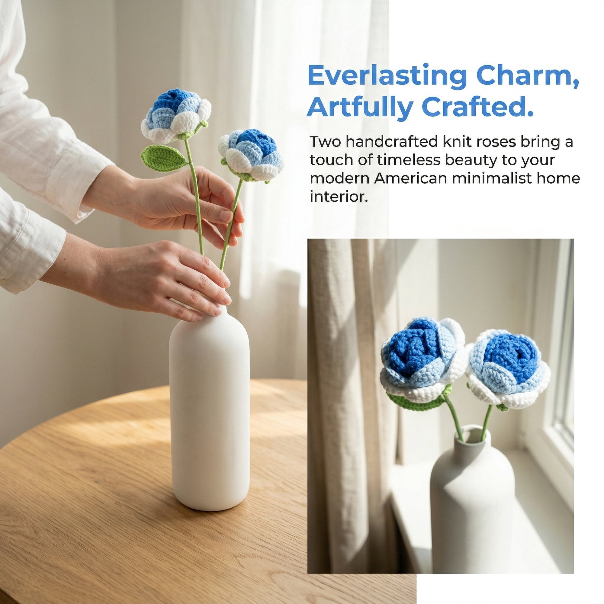 Unique Bargains 4Pcs Handmade Crochet Long Stem Realistic Fake Roses Rose Blue 13in