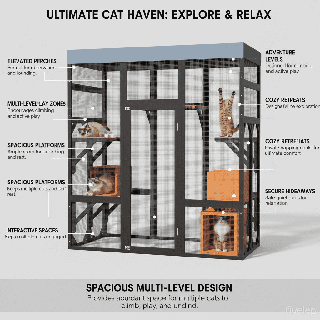 ANYKOON Large  Indoor & Outdoor  Cat Enclosure Catio with 5 Platforms & 2 Napping Houses, Secure Metal Frame, Easy Assembly