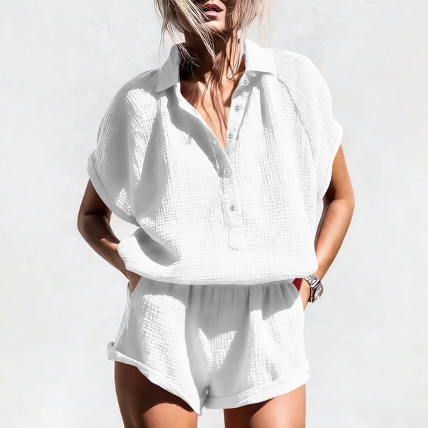 TaTaai Women's Short Sleeve Button Down Top and Shorts Set Half Placket Design with Pockets Solid Color Casual Matching Outfit for Home and Lounge Gift
