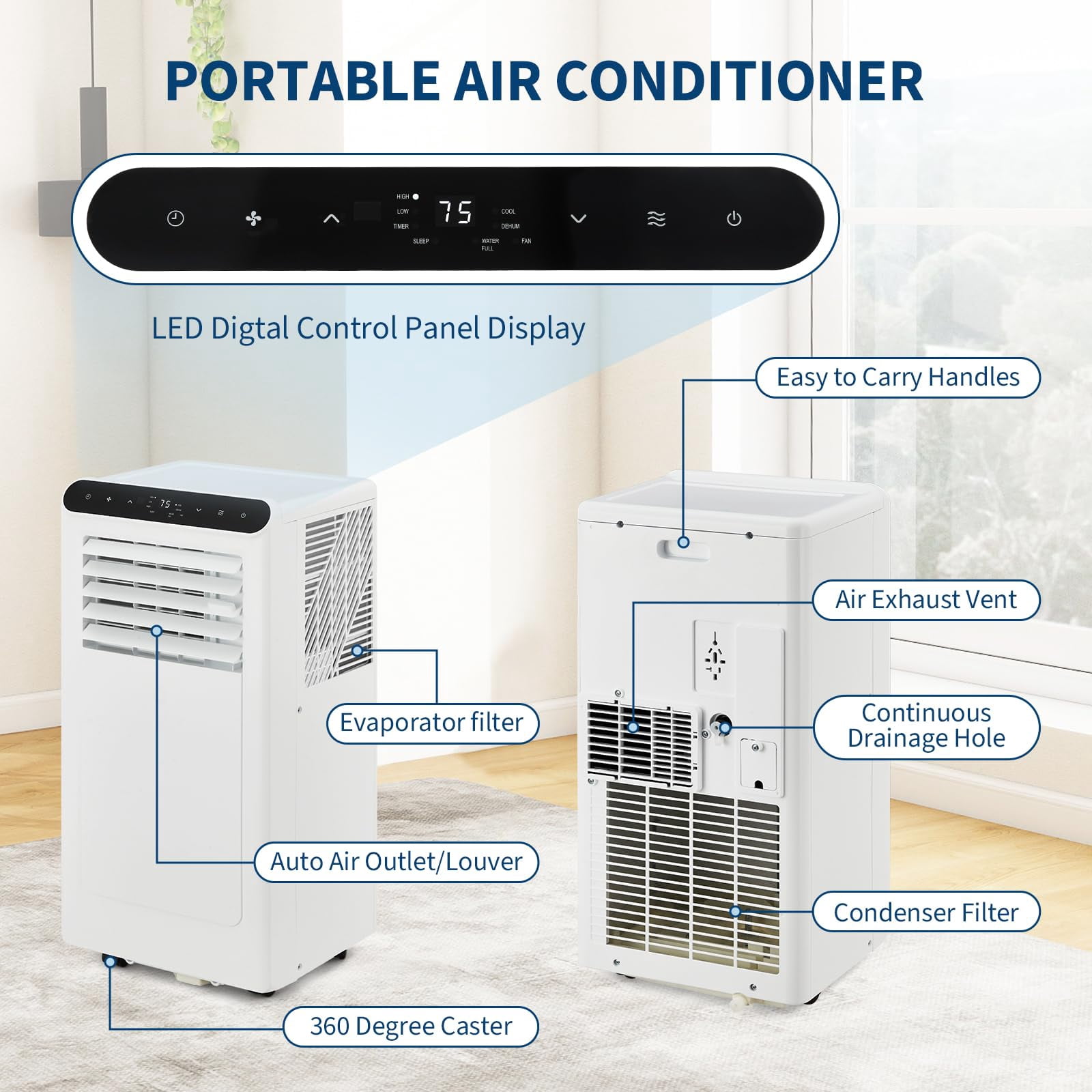 Portable Air Conditioner, 8000 BTU for Rooms Up to 350 Sq. Ft. 4 Modes with Remote Control Quiet AC, Dehumidifier, Fan Includes Window Installation Kit, 24-Hour Timer,Sleep Mode,Black