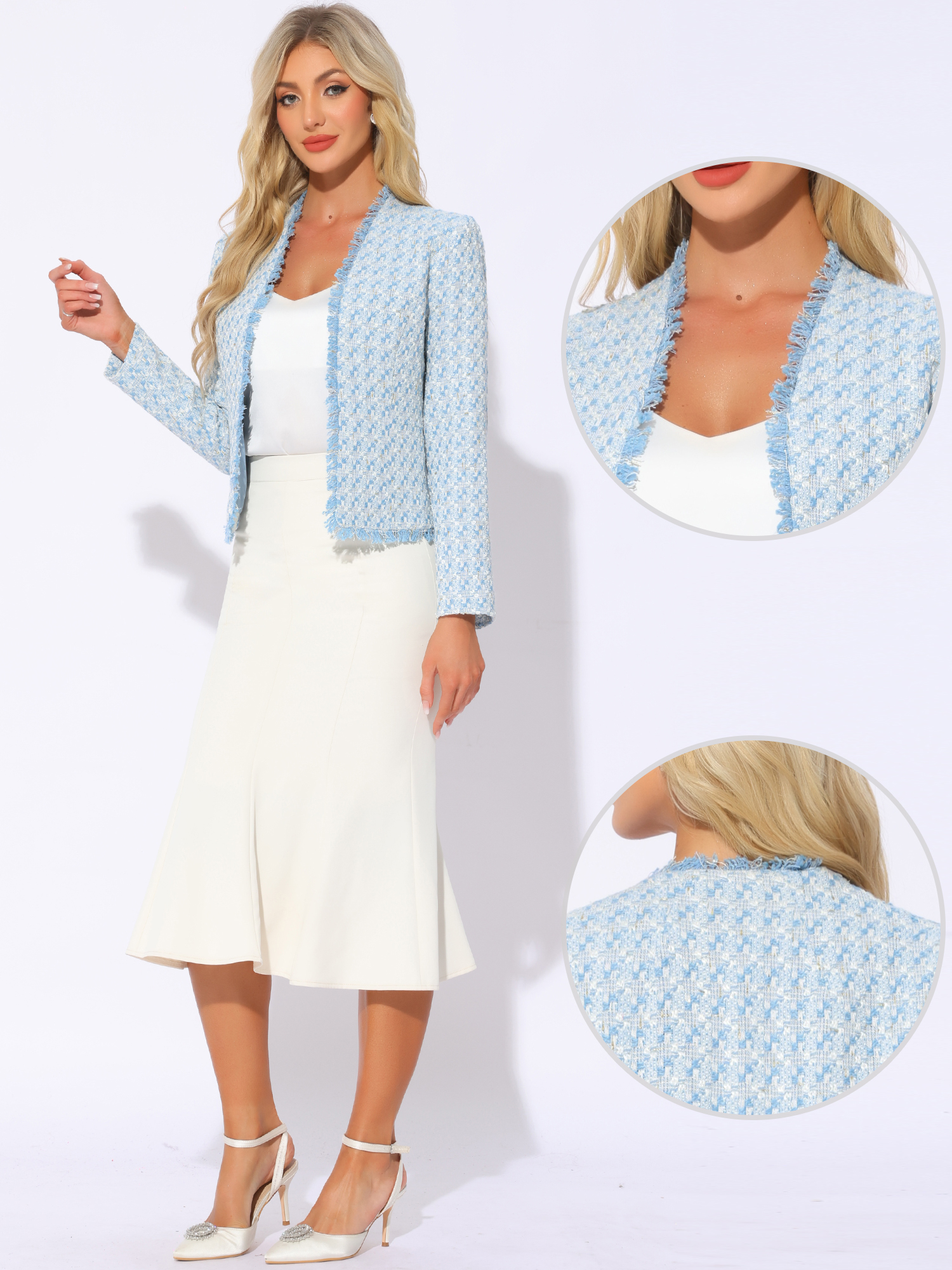DARING DIVA Women's Plaid Tweed Long Sleeve Open Front Work Office Jacket XL Blue