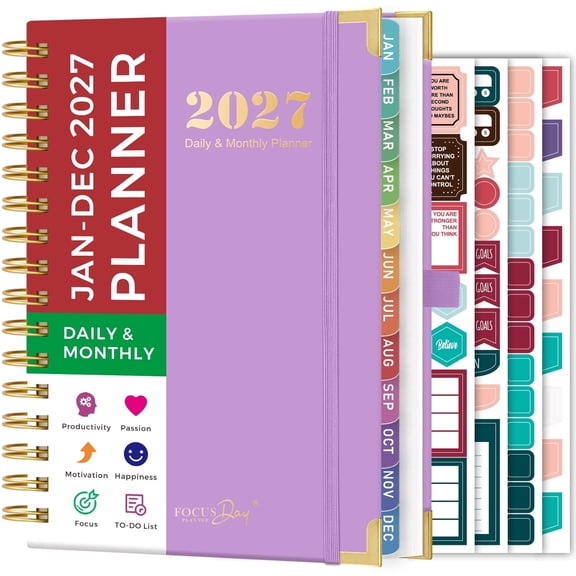 NIRMIRO 2027 Daily & Monthly Planner, Jan 2027 – Dec 2027 Spiral Appointment Book with Hourly Schedule, Ruler, 12 Monthly Tabs, 4 Stickers, 6.5"x8.4", for School & Office