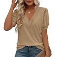 thumbnail image 5 of Ayolanni Short Sleeve Summer Women Blouses Solid V-Neck Patchwork Collarless Blouse Dressy Puff Oversized Outdoor Tees Summer Tops Brown L, 5 of 7