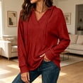 thumbnail image 2 of SNKSDGM Women V Neck Hoodie, Solid Drawstring Hooded Sweatshirt, Loose Long Sleeve Casual Sweat Jacket for Daily Outfits Red M, 2 of 4