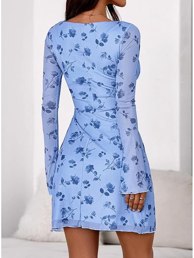 Prettygarden Women's Fall Fashion Floral Long Sleeve Mini Dress Mesh Bodycon Short Party Date Night Going Out Dresses, Size: Medium, Blue