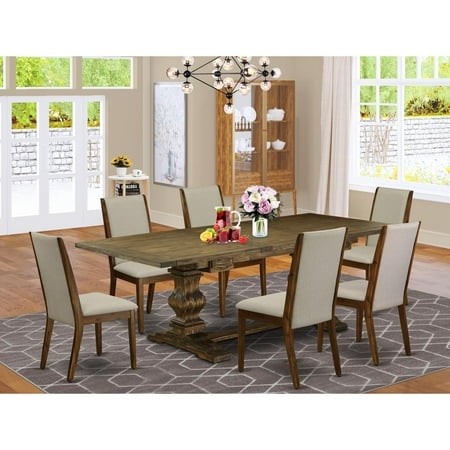 East West Furniture 7-pc wooden dining table set with Chair’s Legs and Modern Gray Linen Fabric
