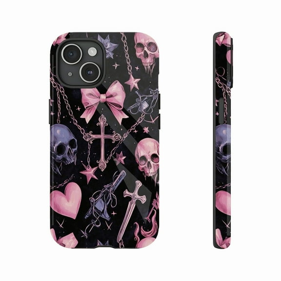 Gothic Lolita Pink-Black Phone Case for Teens & Women with Metal Chain Design, Matte Finish, Halloween-Friendly Decor - Compatible with iPhone 11/12/13/14/15/16 (Pro Max/Plus)