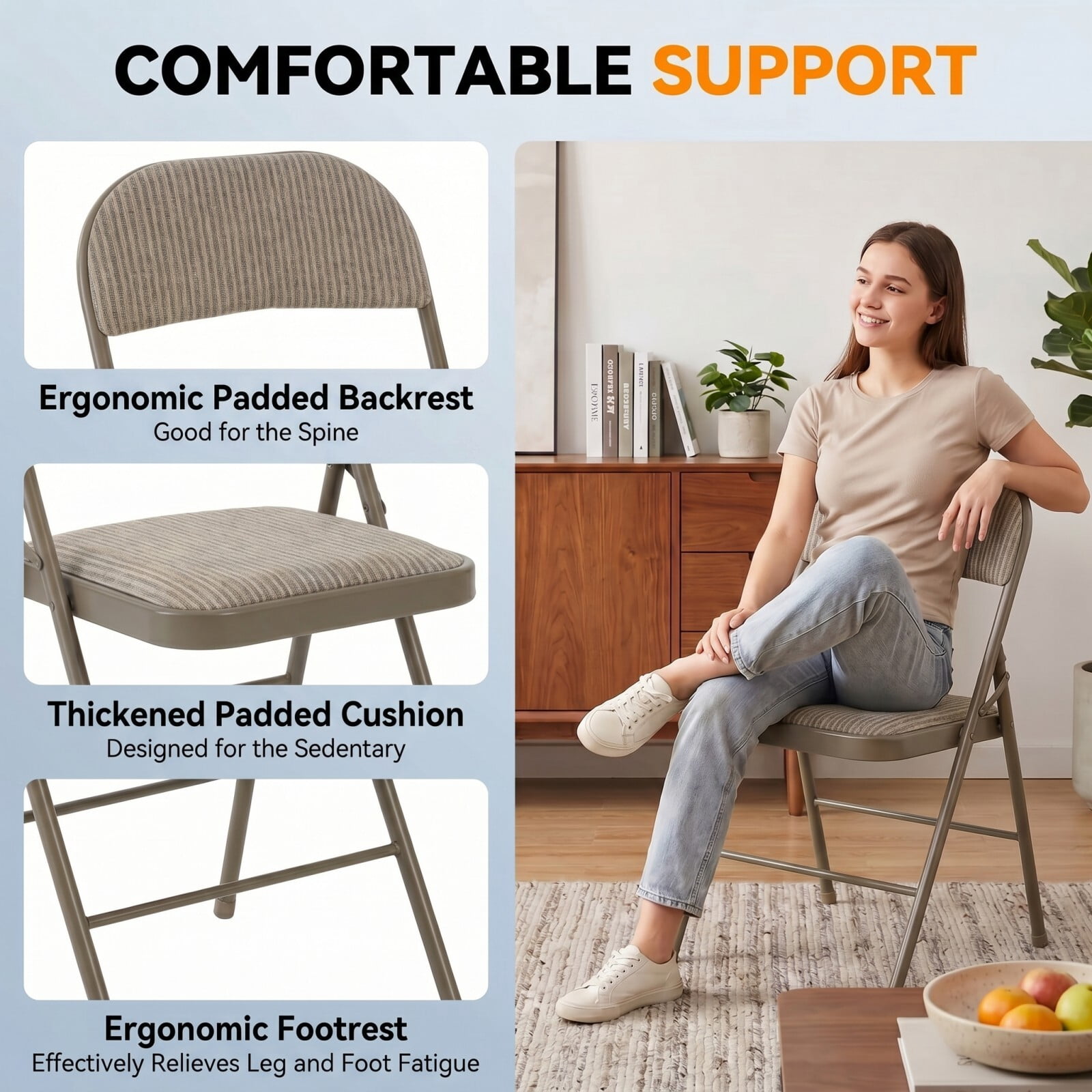 Kelno Folding Chair Set of 4 Fabric Padded Guest Chairs with Lightweight Sturdy Metal Frame, Fabric Khaki