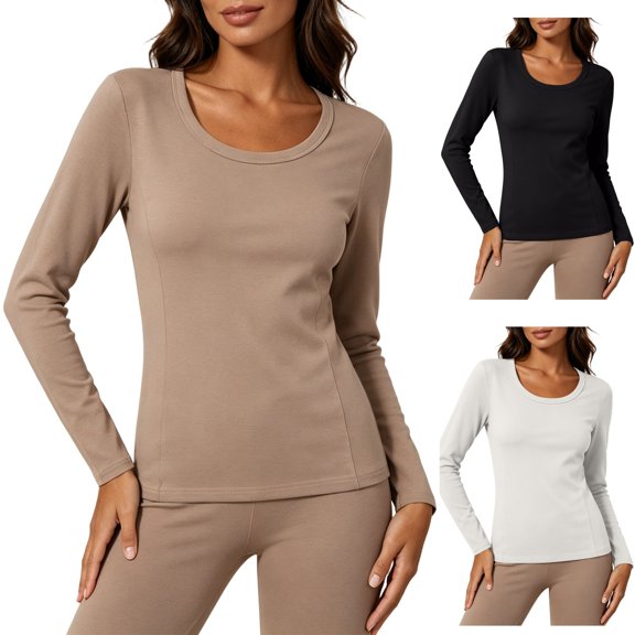 Womens Underscrub Ribbed Knit Long Sleeve Tee Scoop Neck Slim Fit Base Layer Top Soft Stretch for Nurses Fall Winter Everyday Wear, Coffee, XL
