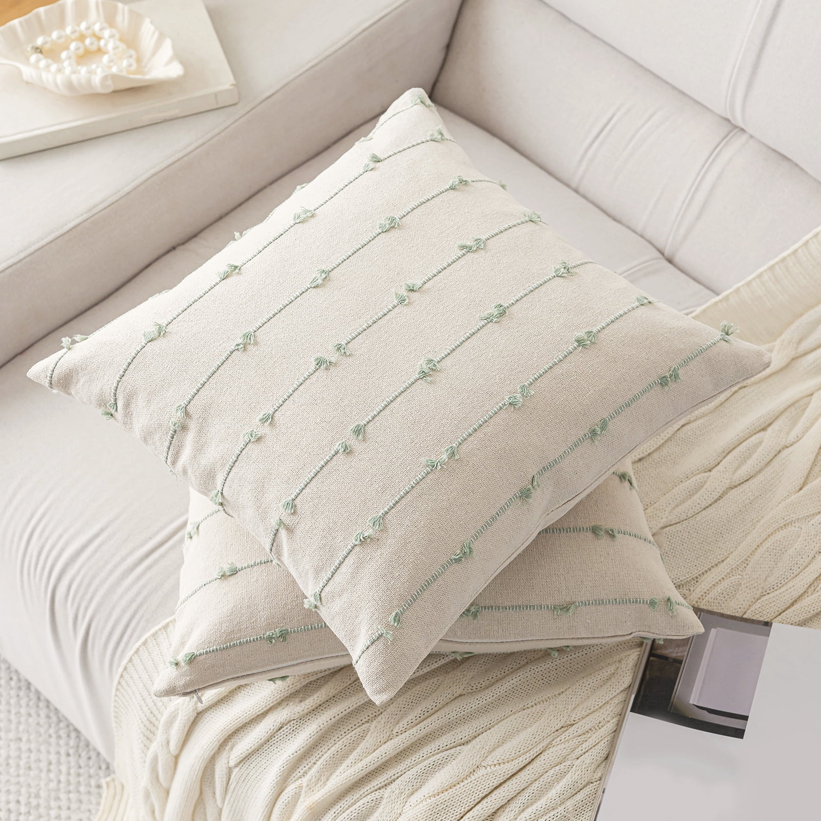 Skodaer Boho Throw Pillow Covers 12"x20" Set of 2 Modern Farmhouse Decorative Cushion Case Tufted Square Pillows Cover Neutral Pillow Cases Accent Pillowcase for Sofa, Couch, Bed,Green