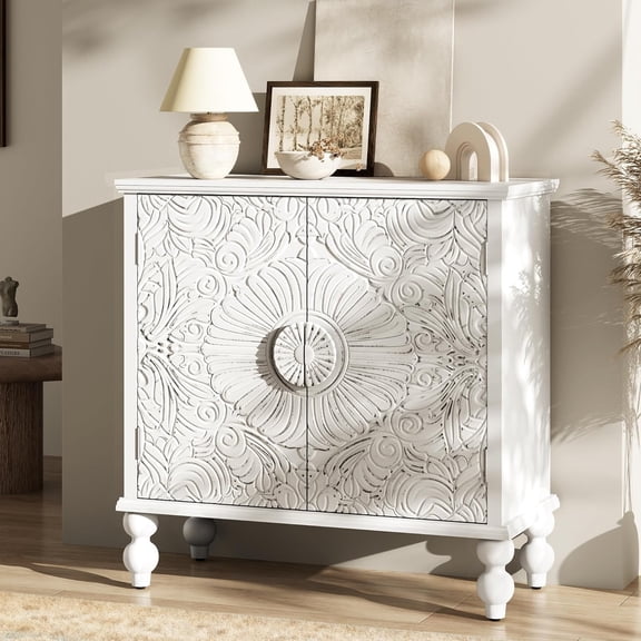 Buffet Cabinet with Storage, Accent Cabinet with 2 Carved Doors, Solid Wood Sideboard with Adjustable Shelf, Vintage Cabinets for Kitchen, Living Room, Entryway, White