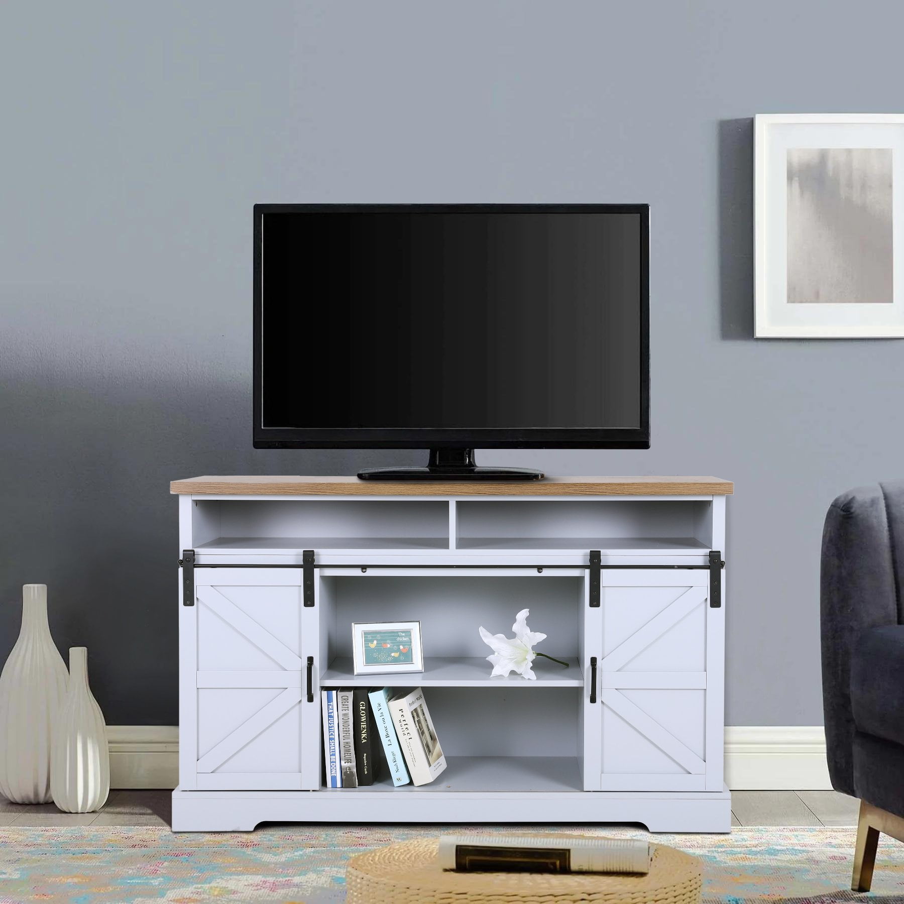 MF Studio Modern Farmhouse Barn Door Media Storage TV Stand for TVs up to 52", Oak & Gray