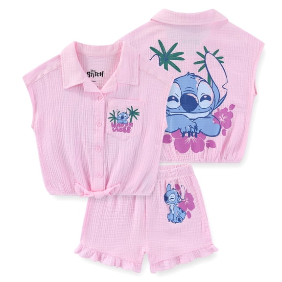 Disney Lilo & Stitch Gauze Button Down Shirt and Shorts Set (Girls), 2 Piece Set, Sizes 4-12