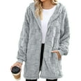 thumbnail image 2 of Women's Fashionable Casual Warm Thick Plush Striped Embossed Button Hooded Cardigan Coat Light Gray M, 2 of 6