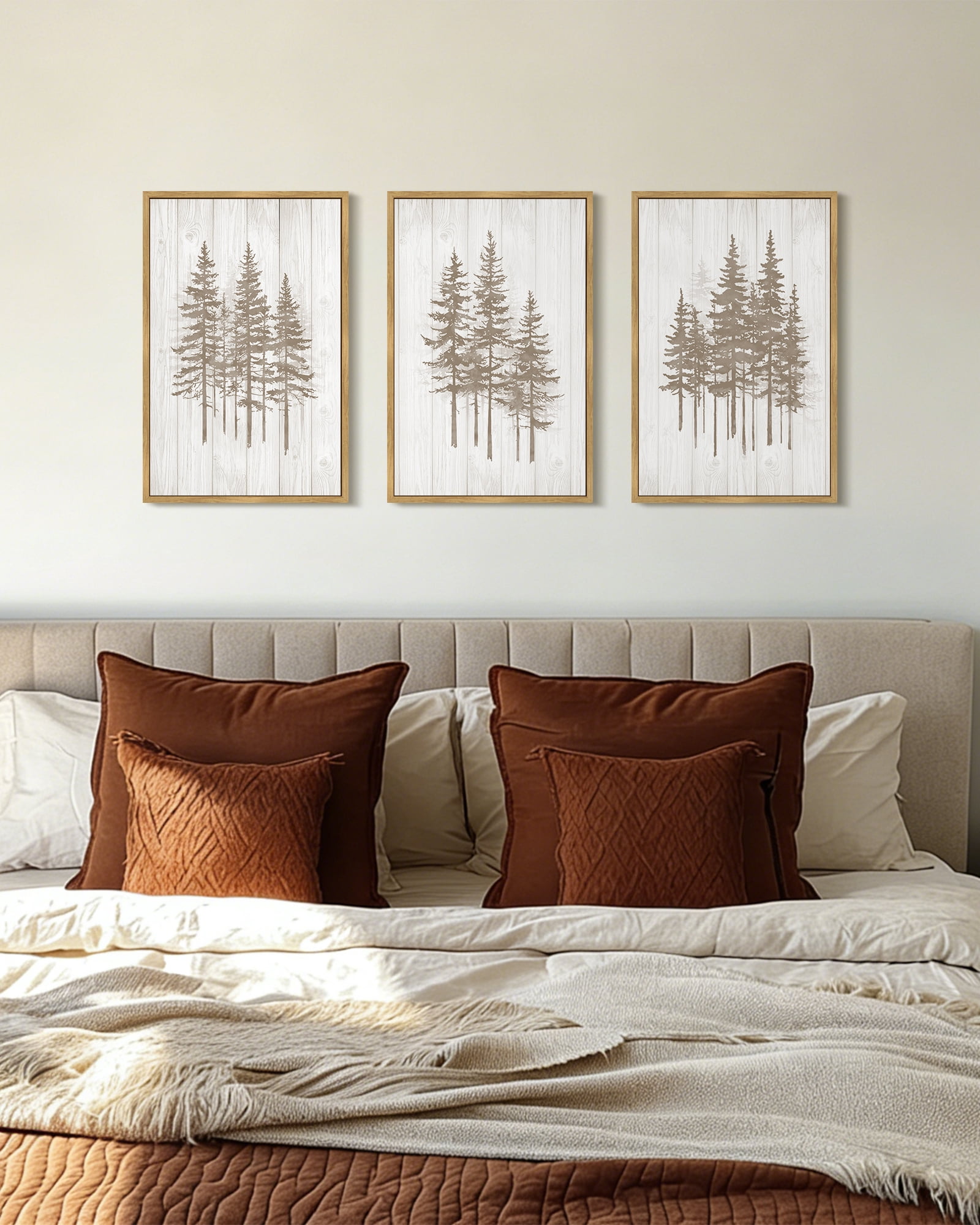 SHENIFY Foggy Pine Tree Wall Art 16x24in3pcs Natural Framed Watercolor Nature Abstract Misty Forests Wall Decor Minimalist Rustic Painting for Bedroom Living Room