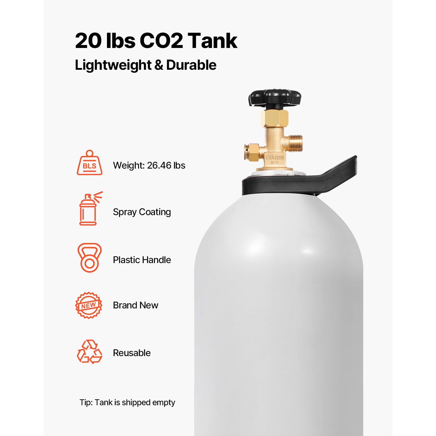 KFFKFF CO2 Container, 20 lbs Fresh Aluminum Alloy Storage, CO2 Gas Cylinder with Spray Finish, CGA320 Valve, Grip & Modifiable Pressure, DOT & TC Certified Storage for Draft Beer Serving