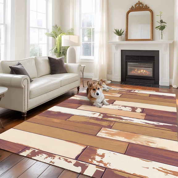 5'x8' Area Rugs, Brown Beige Indoor Outdoor Area Rug for Living Room Bedroom, Vintage Farmhouse Shabby Wooden Grain Washable Bathroom Rugs Kitchen Floor Carpet Mats Home Decor Aesthetic