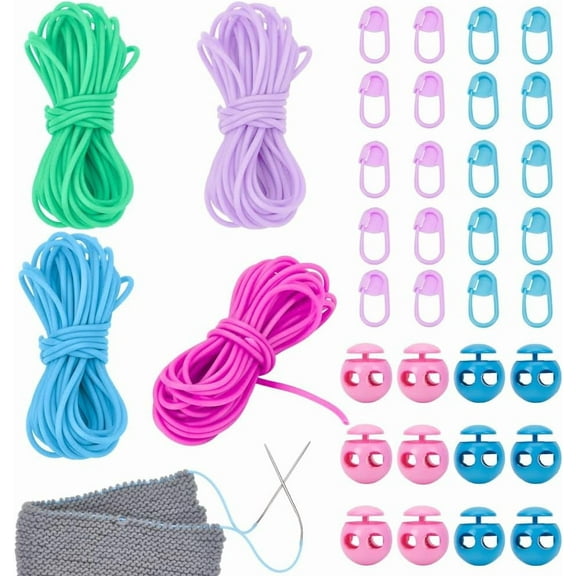 21.8Yards 4 Light Colors Stitch Keeping Cords 4 Rolls Hollow Rubber Tubing Knitting Barber Cord with 12 Pcs 2-Hole Plastic Cord Locks 20 Pcs Stitch Needle Clips