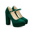 thumbnail image 4 of BLISSFUL STEP Women's Platform Mary Jane Heels Chunky Heel Ankle Strap Faux Velvet Pumps Green 6, 4 of 7