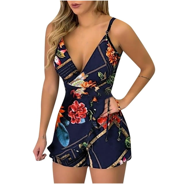 Pompotops Combinaison Courte à Bretelles Imprimée Feuilles et Rayures pour Femmes avec Ceinture