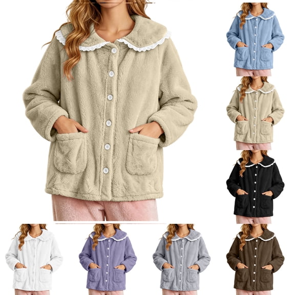 XRoczxe Women Fuzzy Fleece Button Front Sleep Jacket Lace Ruffle Peter Pan Collar Large Side Pockets Soft Warm Winter Loungewear Coat 7 Elegant Solid Colors