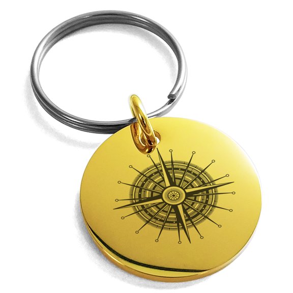 Stainless Steel Nautical Needle Dial Compass Engraved Small Medallion Circle Charm Keychain Keyring