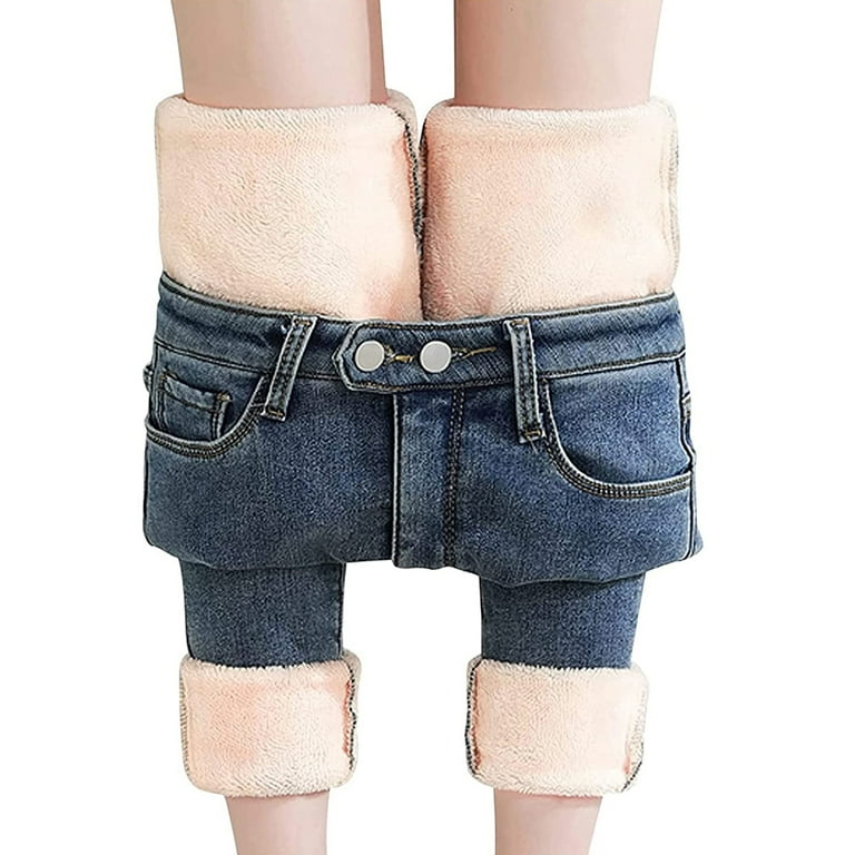 Biekopu Women Fleece Lined Jeans Thermal Flannel Denim Pants Winter Warm  Thicken Skinny Stretch Legging Trousers with Pocket (XS, P-Blue Grey) 