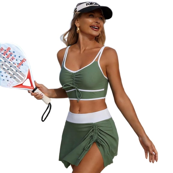 Vhkiploz 2 Piece Tankini Swimsuit for Women Pleated Drawstring Tank Top with High Waist Skirt Summer Swim Skirt Set Beach Pool Party Outfit Bathing Suit Army Green XL