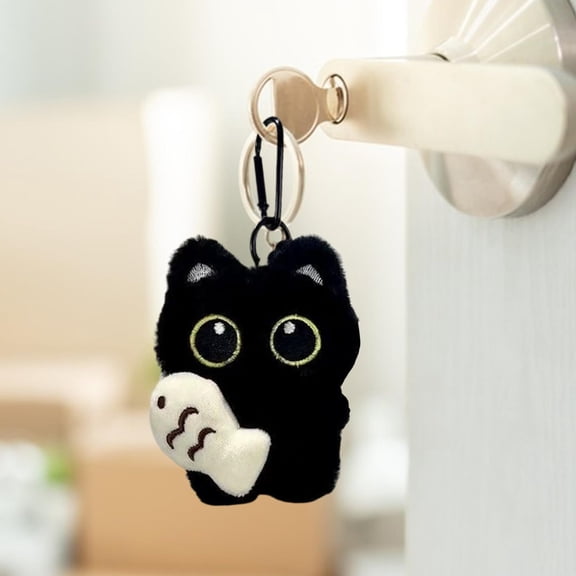 Elainilye Family Keychain, Plush Cat Key Chain, Cute Animal Keyring, Cartoon Key Holder, Soft Key Accessory, for Purse, Bag, and Home Use, Black