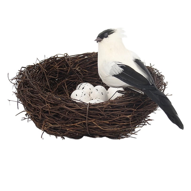 Nido de pájaro artificial con huevos, adorno para jardín, decoración, manualidades para nidos de pájaros. blanco