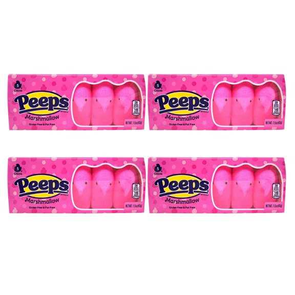 BCL Easter Peeps Marshmallow Pink Chicks Easter Candy (Pack of 4), 5 Count Treats for Easter Baskets and Decorations in a Custom Storage Carrier with Free Fluffy Stuff Cotton Candy