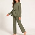 thumbnail image 2 of CPNG Girls Clothes Rib-Knit Outfit Ruffle Sleeve Shirt with Belt 3Pcs Straight Wide Leg Pant Set Teen Girls Fashionable Casual Dress Set(Blackish Green,8-9 Years), 2 of 8