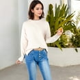 thumbnail image 6 of Women's Crew Neck Long Sleeve Knit Sweater with Contrast Trim and Ribbed Hem - Medium, Light Beige, 6 of 6
