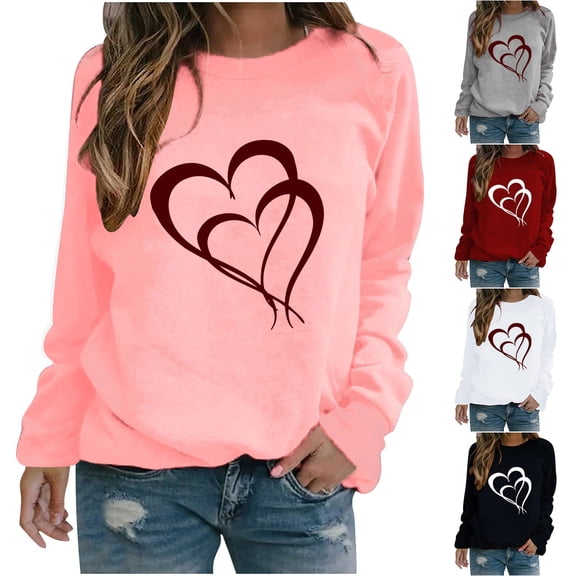 VKOYWKM Women's Valentines Day T Shirts Love Heart Print Tees Long Sleeve Crew Neck Holiday T-Shirts Valentines Day Gifts